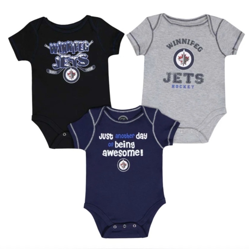 NWT NHL Winnipeg Jets 3 Pack Onesie Infant Cotton Blue/Grey/Black 0-3 Months